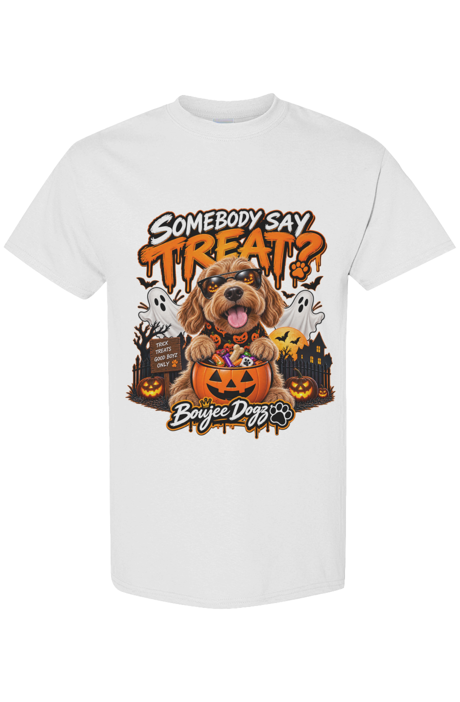Somebody Say Treat? Boujee Dogz Halloween tee, white