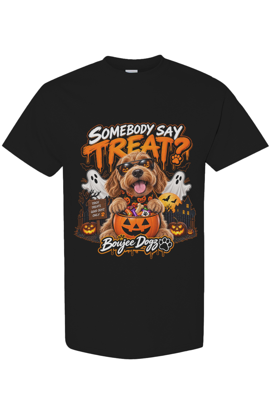 Somebody Say Treat? Boujee Dogz Halloween tee, black
