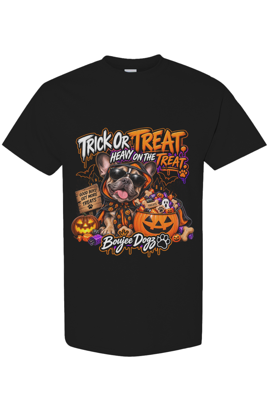 Trick or Treat. Heavy on the Treat. Boujee Dogz Halloween tee, black