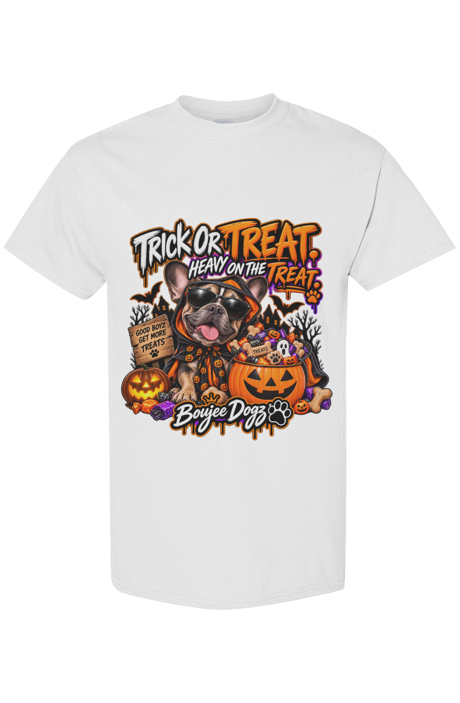 Trick or Treat. Heavy on the Treat. Boujee Dogz Halloween tee, white