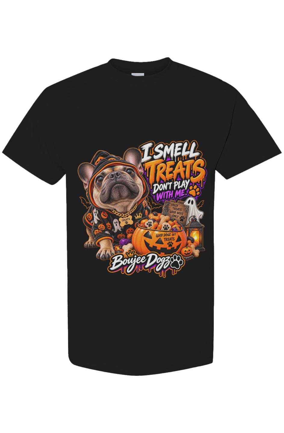 I Smell Treats. Don't Play With Me. Boujee Dogz Halloween tee, black