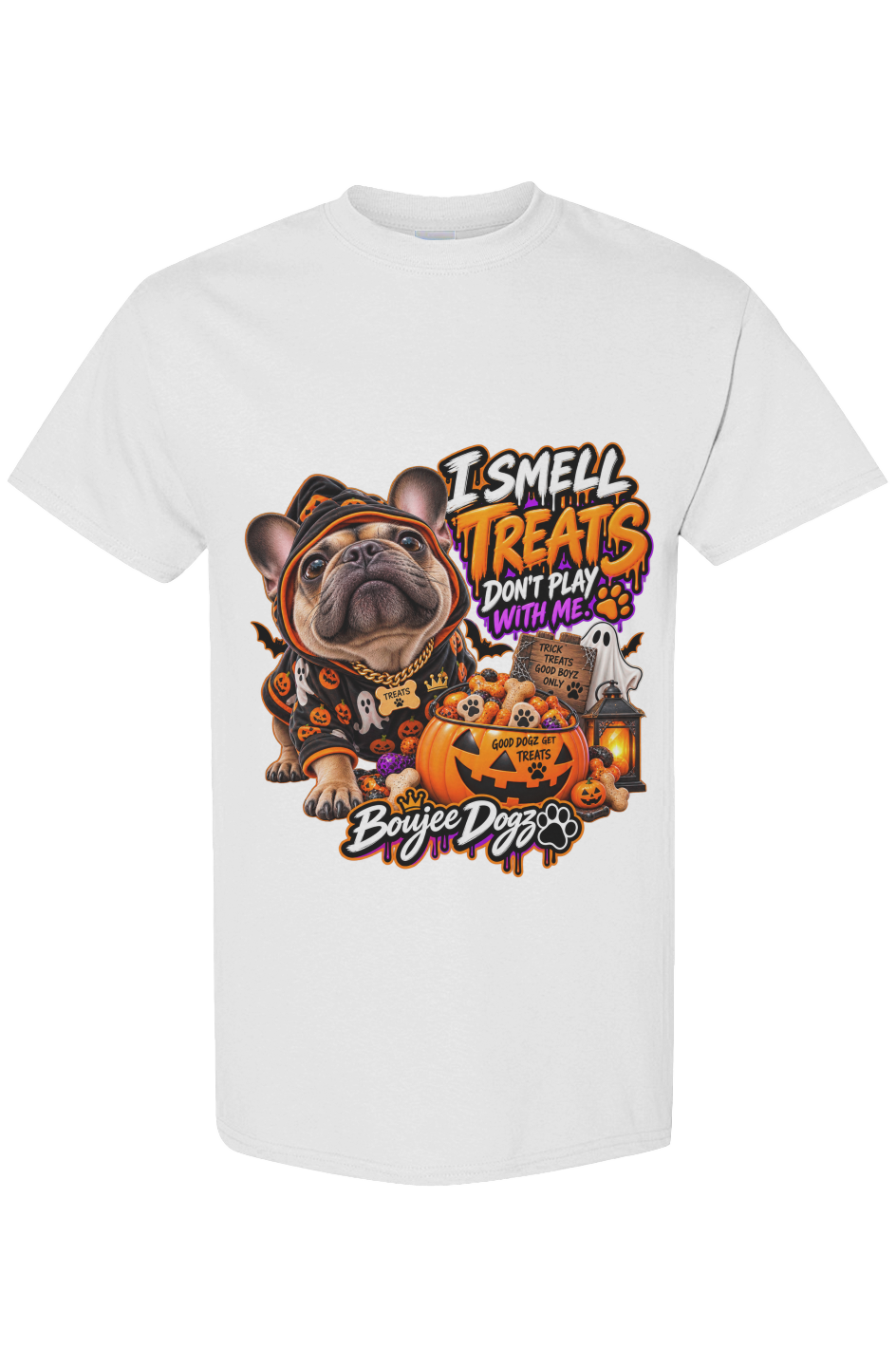I Smell Treats. Don't Play With Me. Boujee Dogz Halloween tee, white