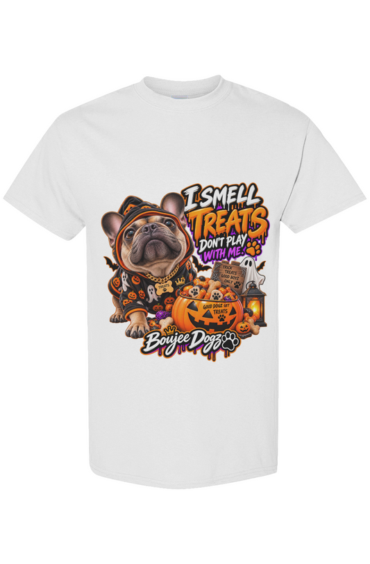 I Smell Treats. Don't Play With Me. Boujee Dogz Halloween tee, white