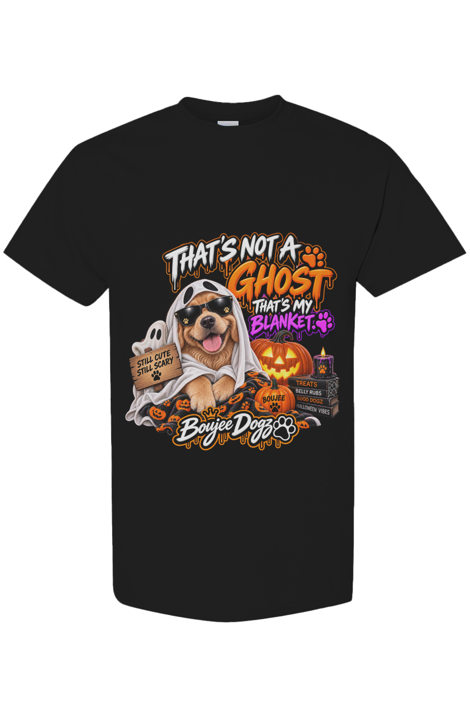 The Ghost Barked First. Boujee Dogz Halloween tee, black