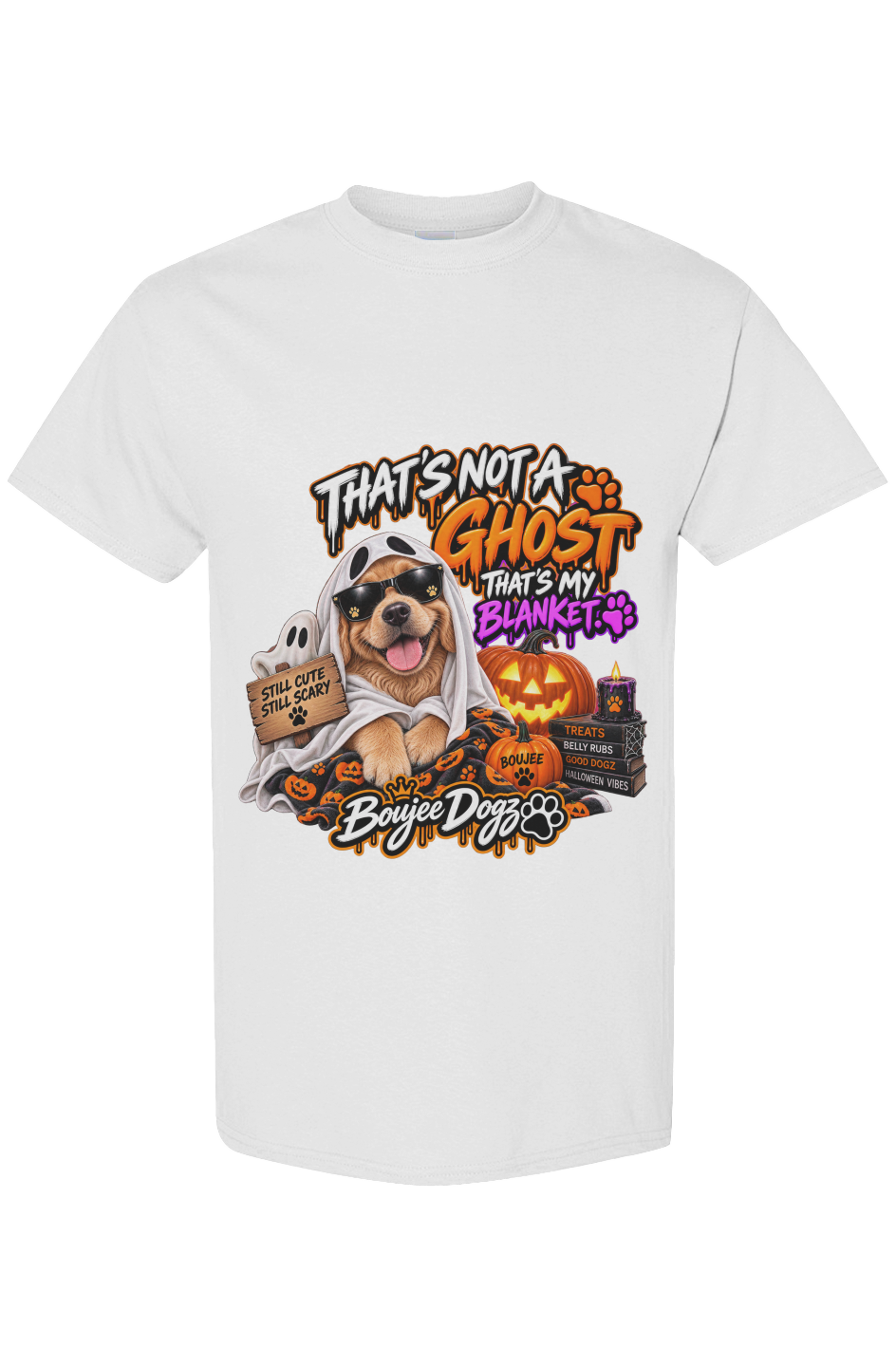 The Ghost Barked First. Boujee Dogz Halloween tee, white
