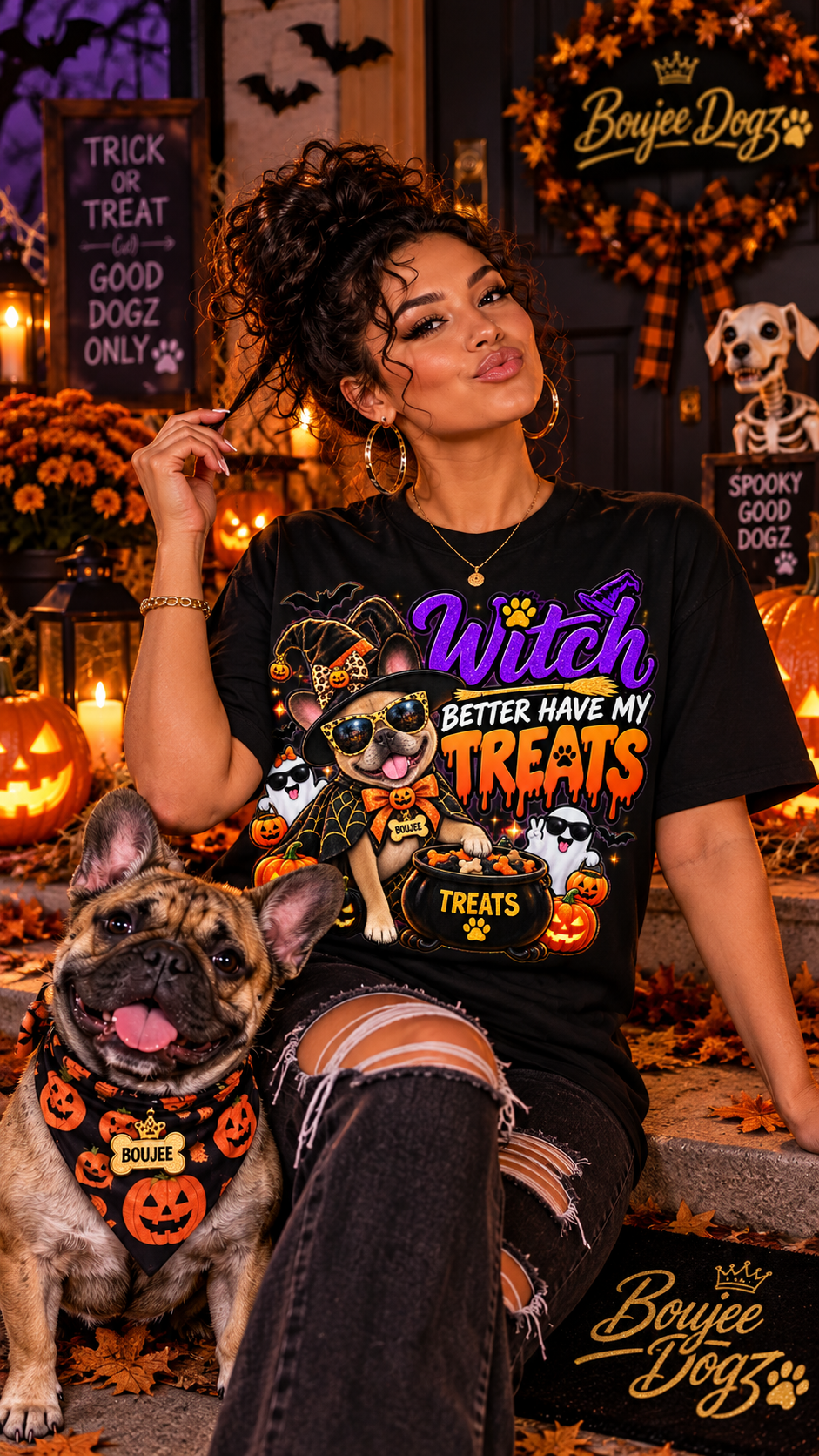 Woman wearing the Witch Better Have My Treats Boujee Edition Halloween tee with her French bulldog